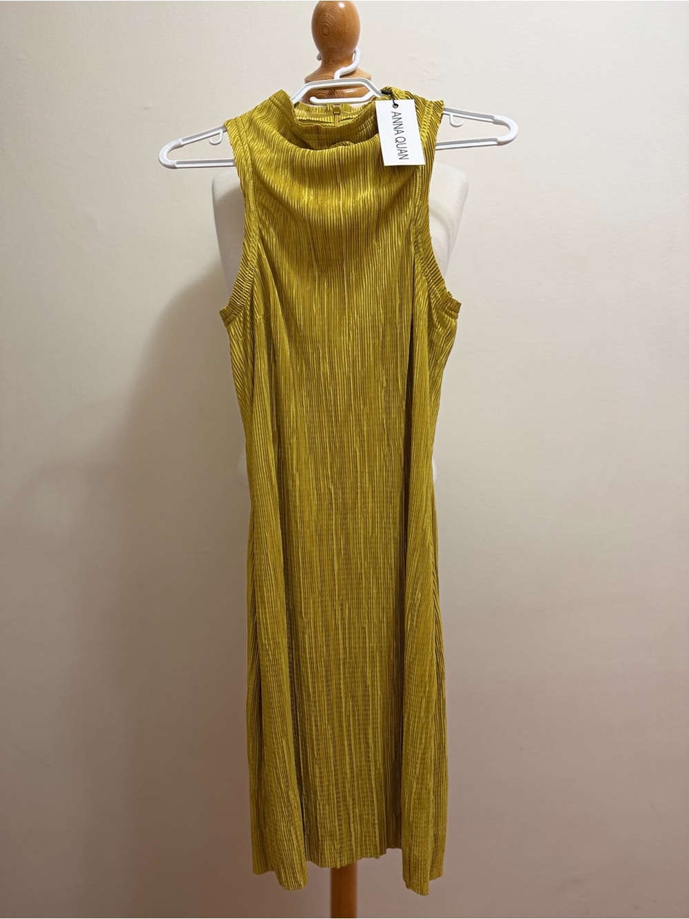 Anna Quan Mustard Sleeveless Mock-Neck Pleated Mini Dress